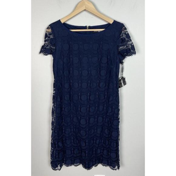 NWT Karl Lagerfeld Navy Blue Sheath Mini Dress Lace Overlay Scalloped Size 8 Wms - Picture 1 of 6